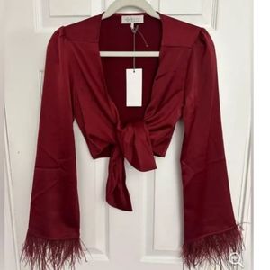 Feather Trim Satin Wrap Blouse Top